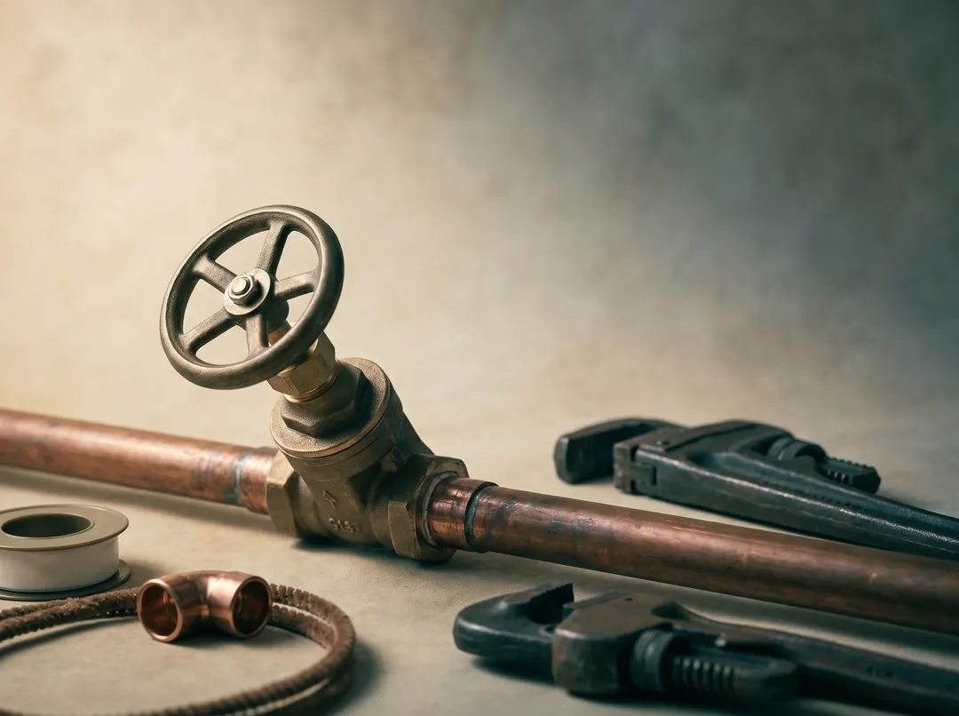 Brass plumbing valve mid-installation on a length of copper pipe, softly blurred workshop backdrop, styled studio illustration, not a photograph of an actual job